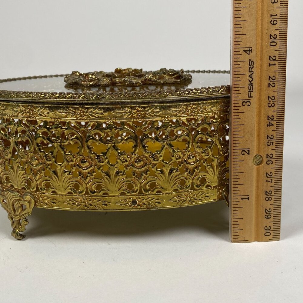 Vintage Hollywood Regency Gold Filigree Ormolu Jewelry Box Oval Glass Hinged Lid - Picture 10 of 11